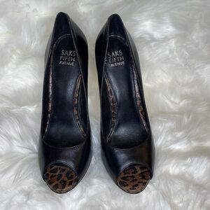 Saks Fifth Avenue Womens Black Open Toe Leopard Print Heels